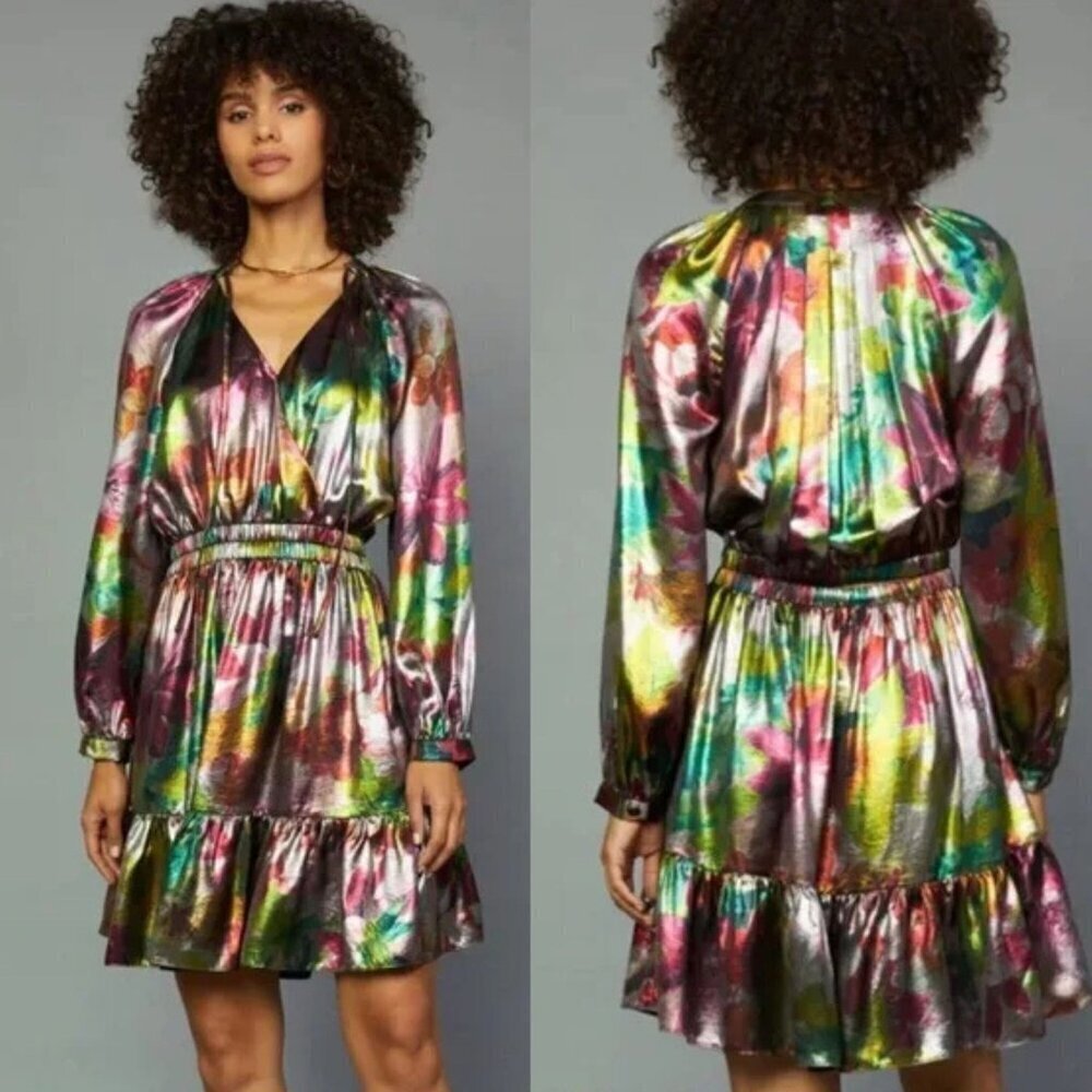New! Current Air Multicolor Metallic Floral Mini Dress Size XS 26761